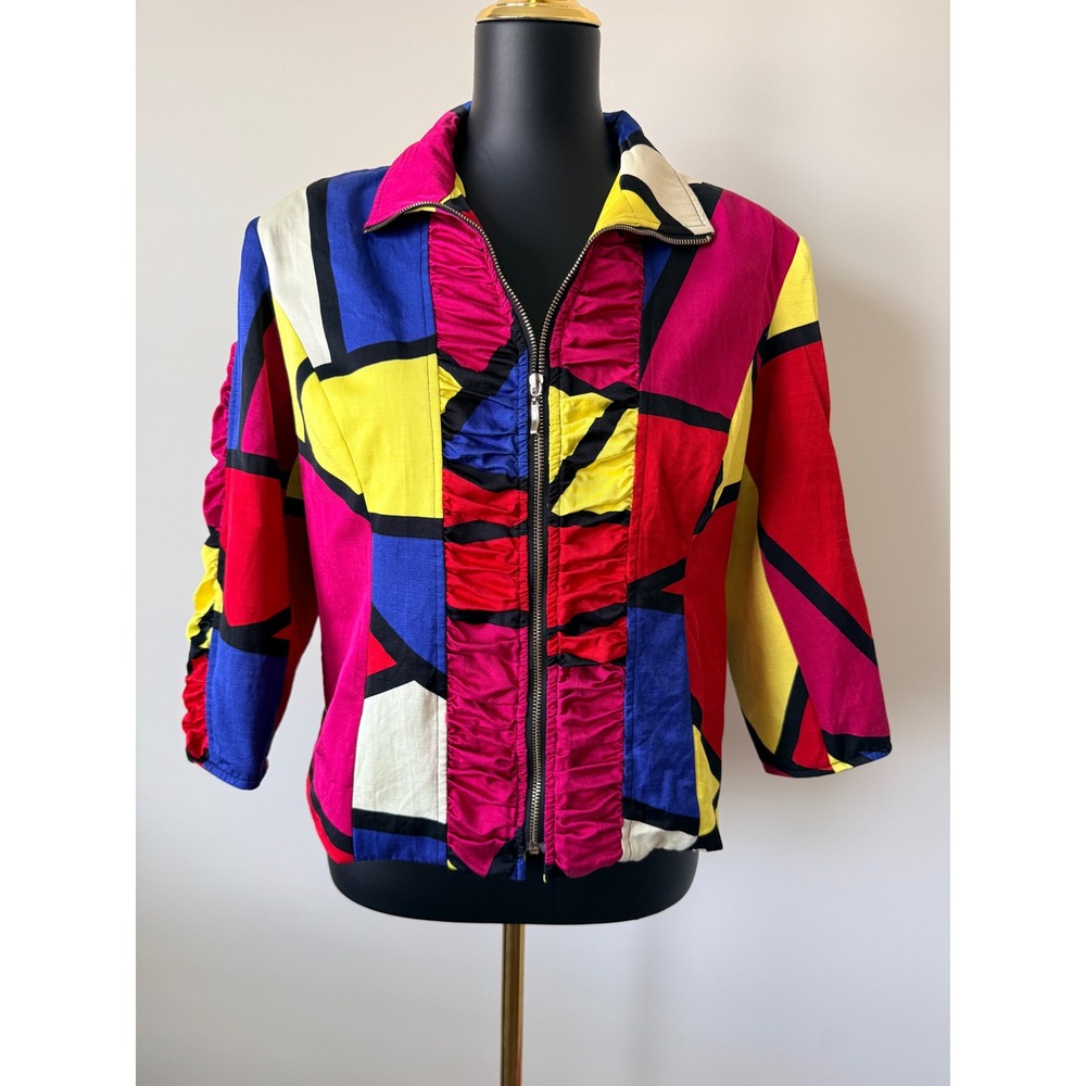 Mishca Vintage Pop Art Geometric Colorblock Ruched Zip Up Jacket Womens Large